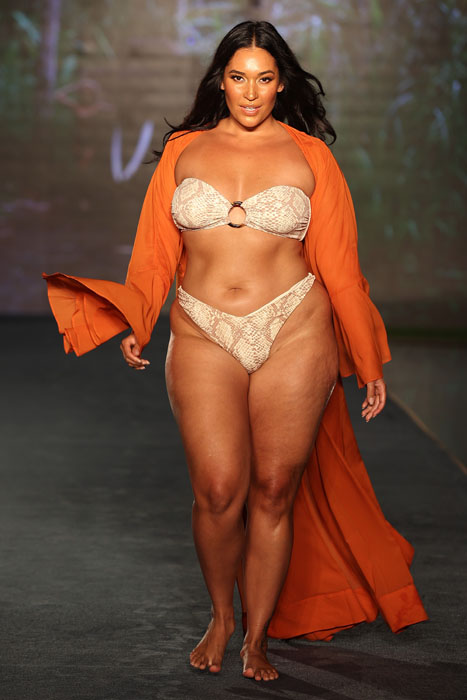 MIAMI, FLORIDA - JULY 10: Amanda Kay walks for 2021 Sports Illustrated Swimsuit Runway Show during Paraiso Miami Beach at Mondrian South Beach on July 10, 2021 in Miami, Florida. (Photo by John Parra/Getty Images for Sports Illustrated)